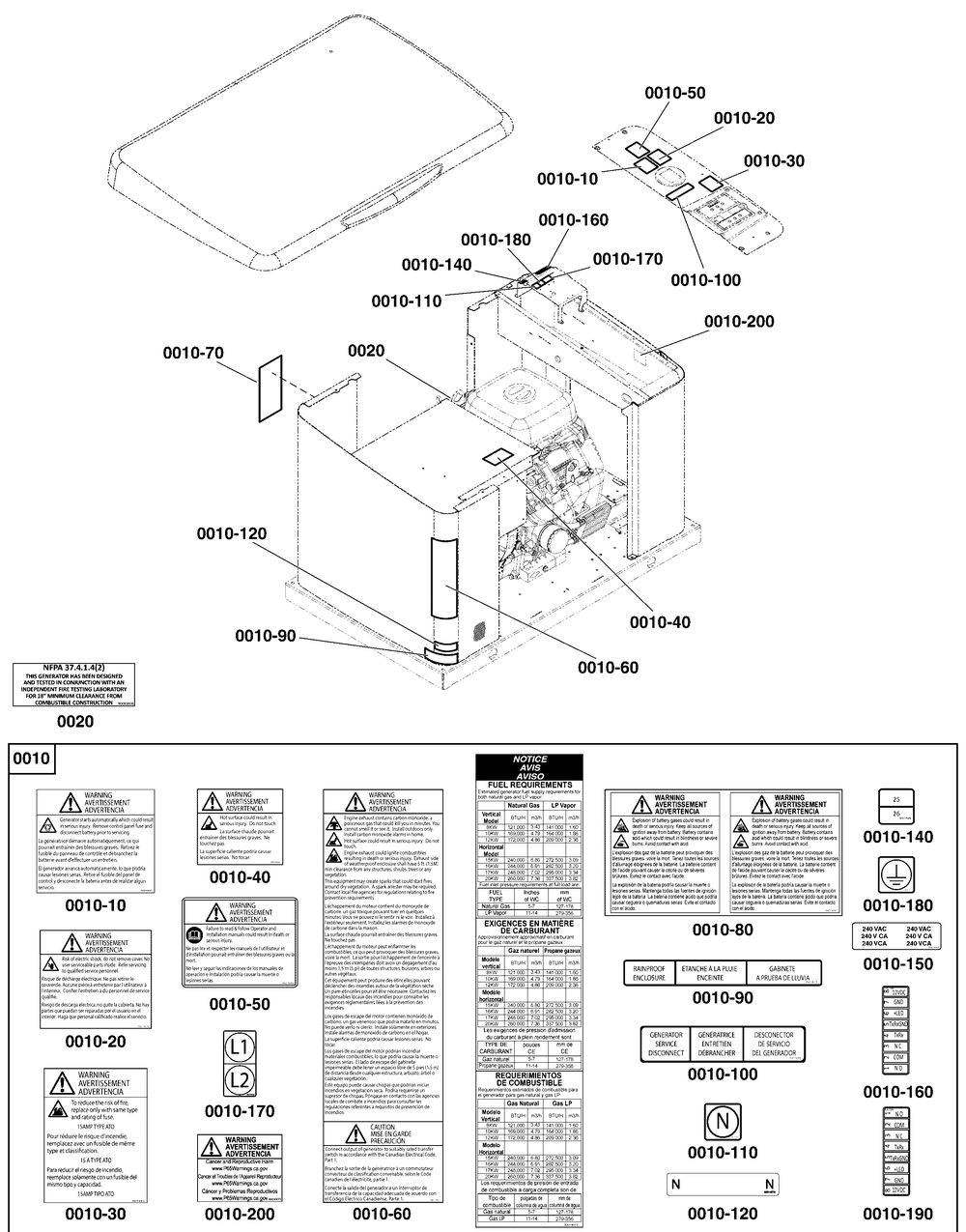 Decals Group Diagram and Parts List for 040585-00  Briggs and Stratton Generator